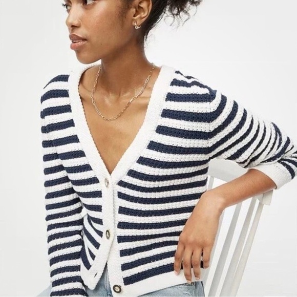 J. Crew Factory Sweaters - J Crew Medium Striped Knit V-Neck Cardigan Sweater ~ Preppy Academic Nautical